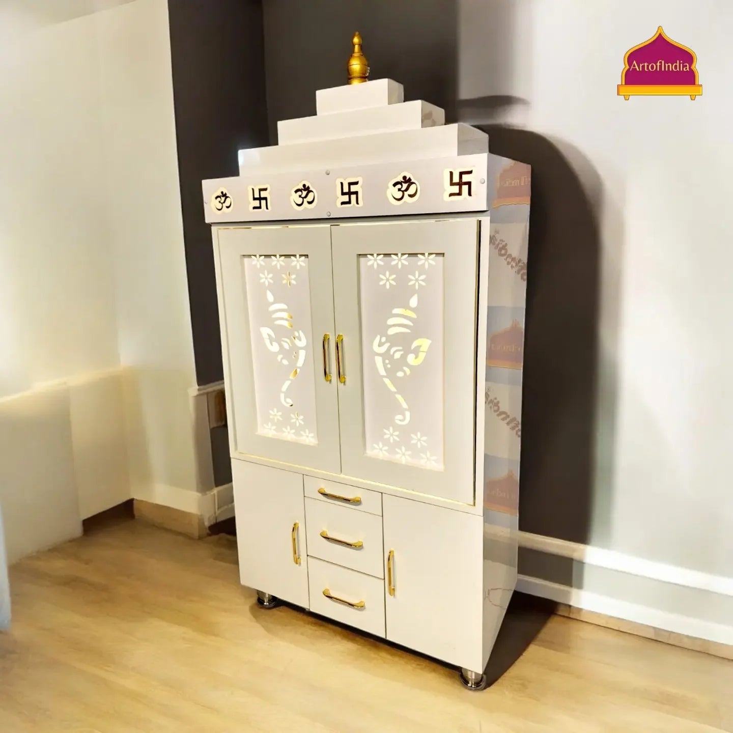 ARTOFINDIA Beautiful White Wooden Mandir (OM Acrylic Design) With Pocket Doors For Home / Designer Temple