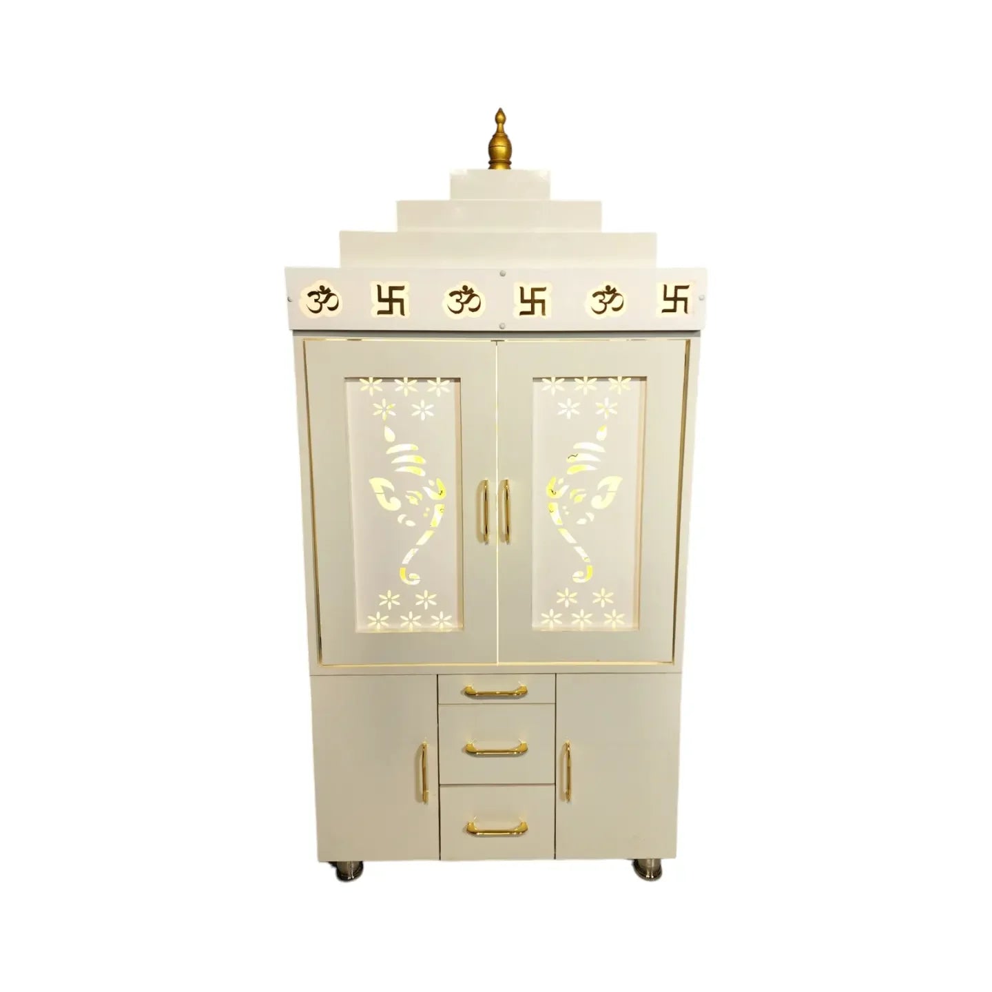 ARTOFINDIA Beautiful White Wooden Mandir (OM Acrylic Design) With Pocket Doors For Home / Designer Temple