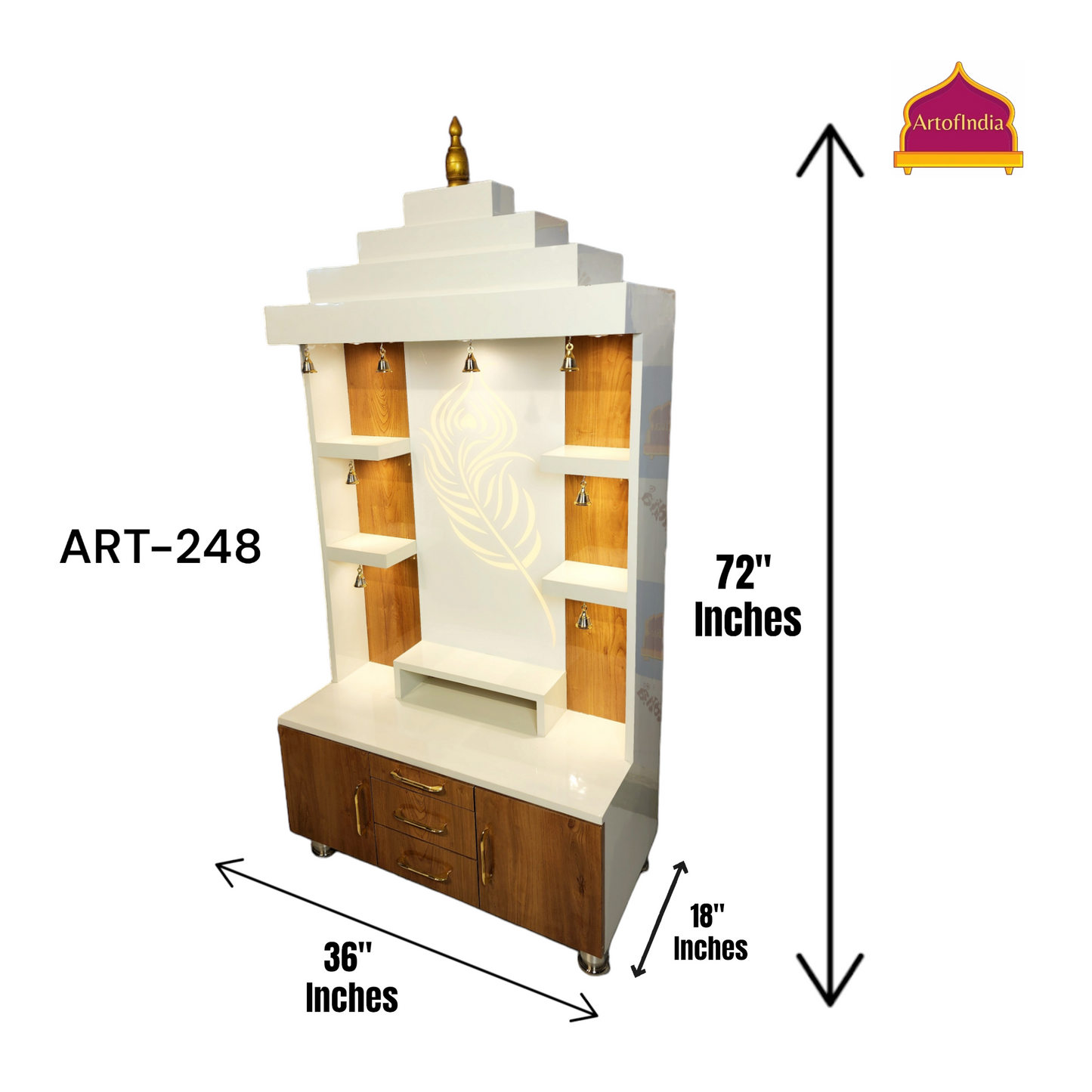 ARTOFINDIA Elegant Brown & White Wooden Mandir (Mor Pankh Glass Design) With Shelfs For Home / Designer Temple