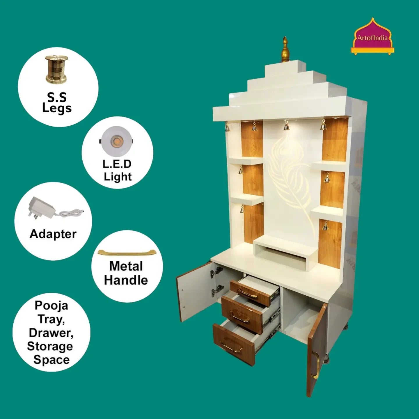 ARTOFINDIA Elegant Brown & White Wooden Mandir (Mor Pankh Glass Design) With Shelfs For Home / Designer Temple