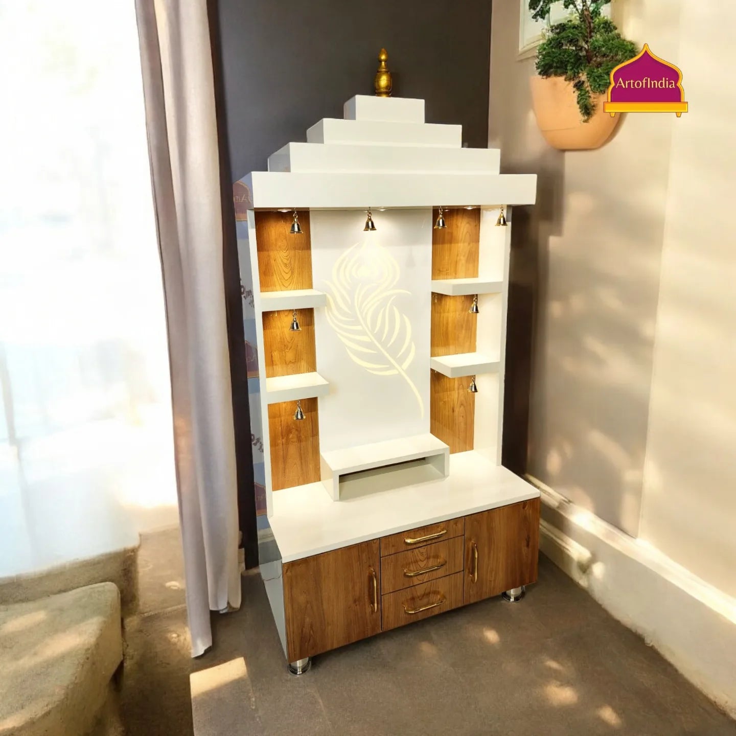 ARTOFINDIA Elegant Brown & White Wooden Mandir (Mor Pankh Glass Design) With Shelfs For Home / Designer Temple