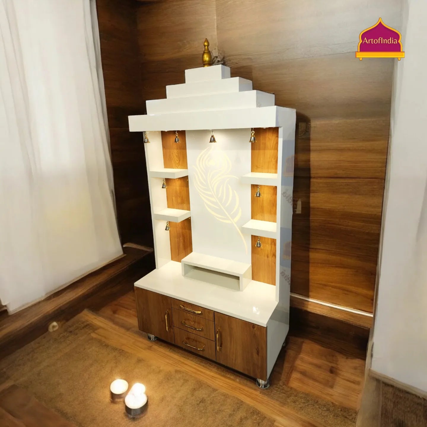 ARTOFINDIA Elegant Brown & White Wooden Mandir (Mor Pankh Glass Design) With Shelfs For Home / Designer Temple