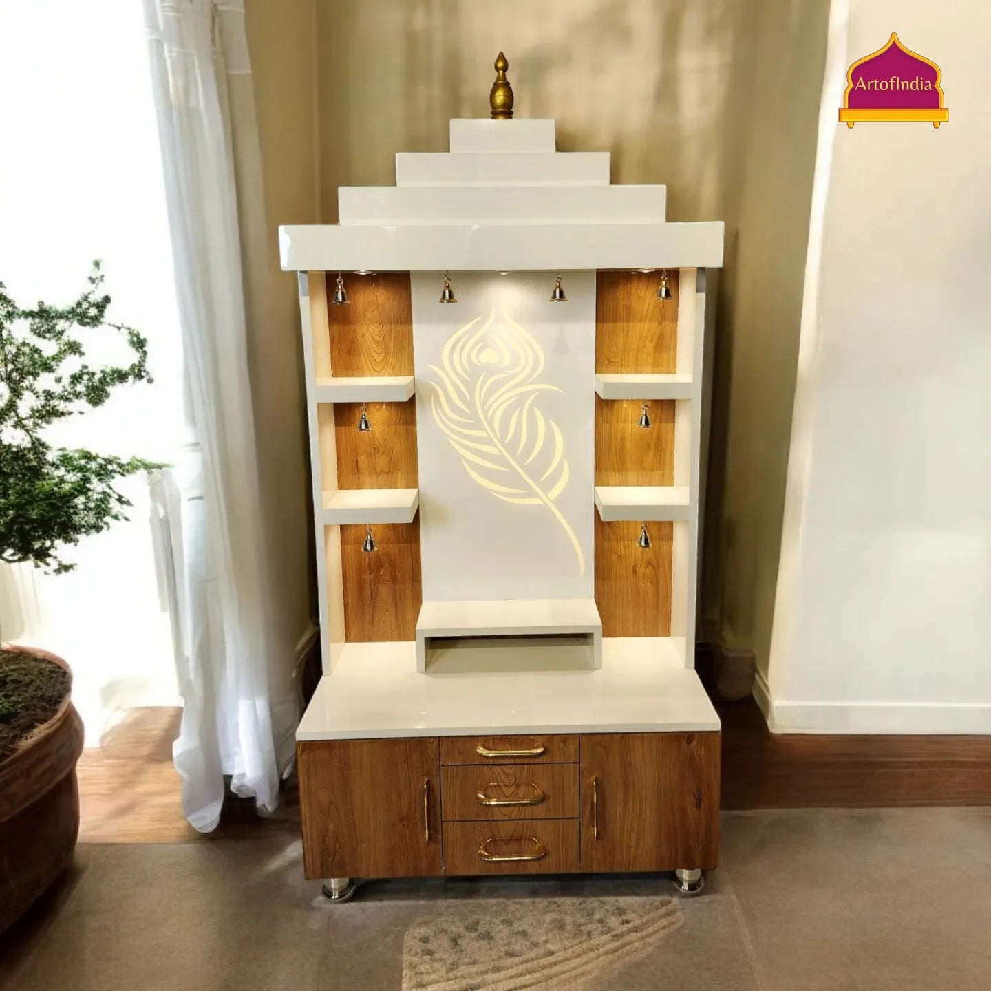 ARTOFINDIA Elegant Brown & White Wooden Mandir (Mor Pankh Glass Design) With Shelfs For Home / Designer Temple