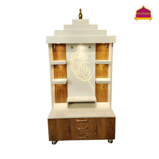 ARTOFINDIA Elegant Brown & White Wooden Mandir (Mor Pankh Glass Design) With Shelfs For Home / Designer Temple