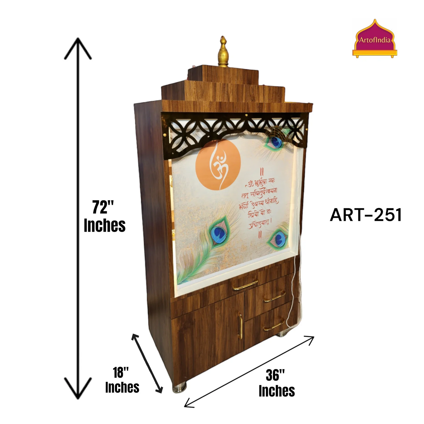 ARTOFINDIA Elegant Brown Wooden Mandir (OM) With (Gayantri Mantra) Curtain & Shelfs For Home / Designer Temple
