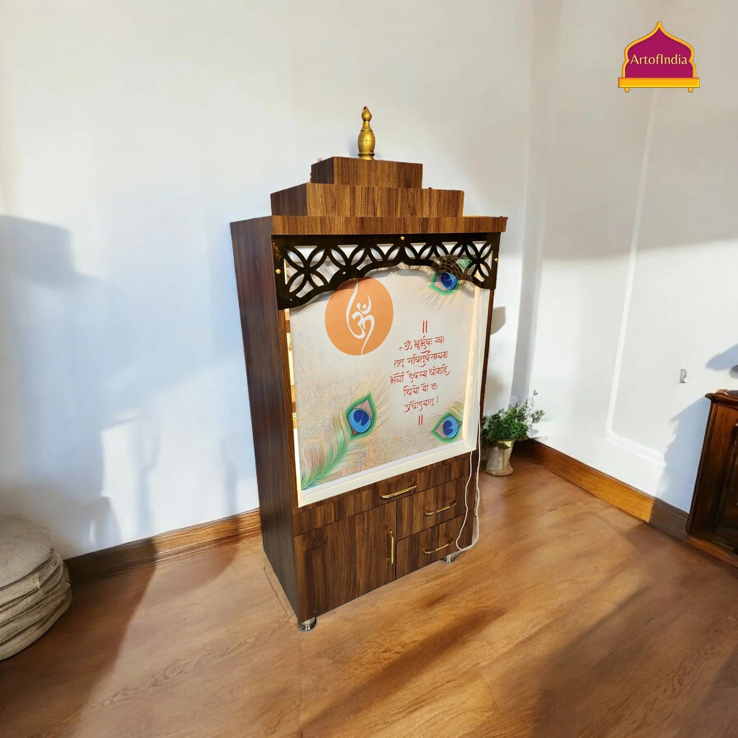 ARTOFINDIA Elegant Brown Wooden Mandir (OM) With (Gayantri Mantra) Curtain & Shelfs For Home / Designer Temple