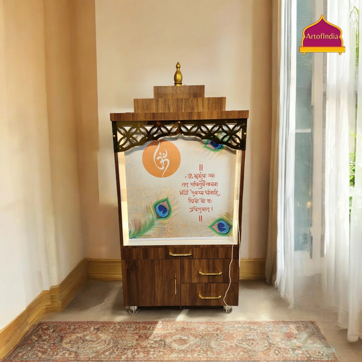 ARTOFINDIA Elegant Brown Wooden Mandir (OM) With (Gayantri Mantra) Curtain & Shelfs For Home / Designer Temple