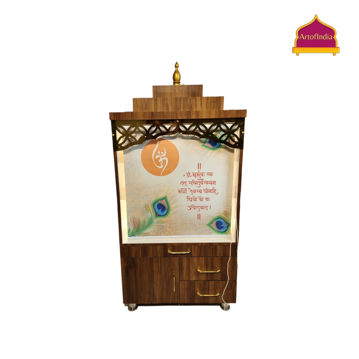 ARTOFINDIA Elegant Brown Wooden Mandir (OM) With (Gayantri Mantra) Curtain & Shelfs For Home / Designer Temple