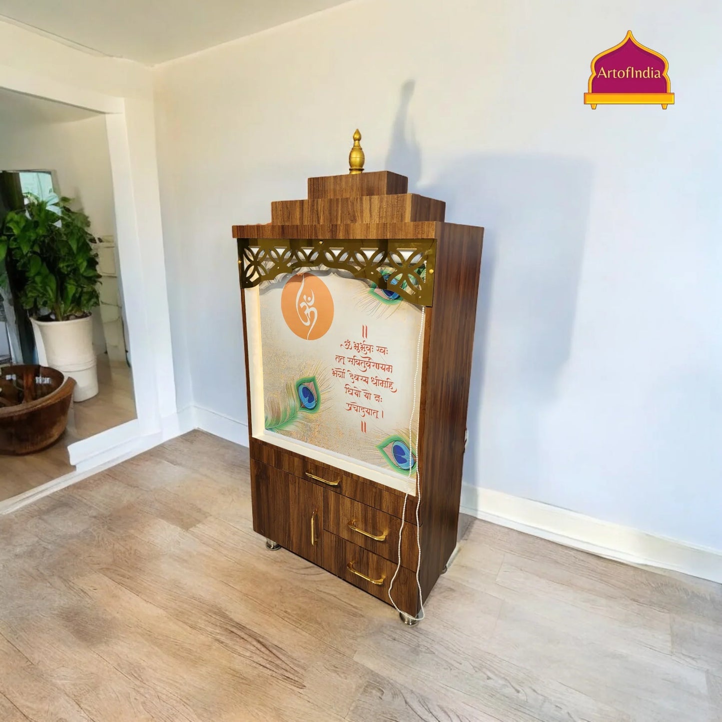 ARTOFINDIA Elegant Brown Wooden Mandir (OM) With (Gayantri Mantra) Curtain & Shelfs For Home / Designer Temple