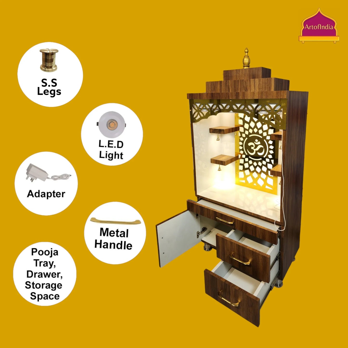 ARTOFINDIA Elegant Brown Wooden Mandir (OM) With (Gayantri Mantra) Curtain & Shelfs For Home / Designer Temple