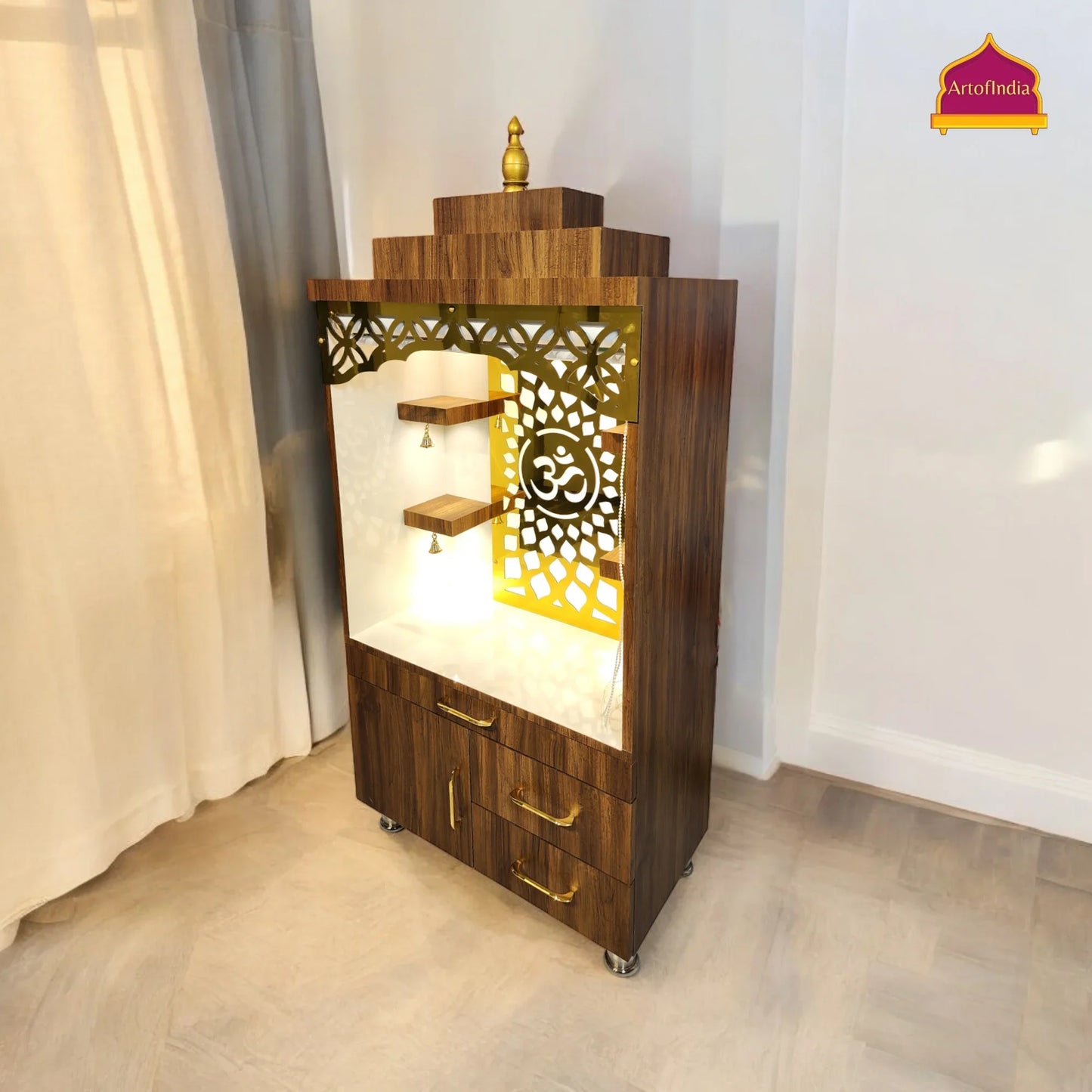 ARTOFINDIA Elegant Brown Wooden Mandir (OM) With (Gayantri Mantra) Curtain & Shelfs For Home / Designer Temple