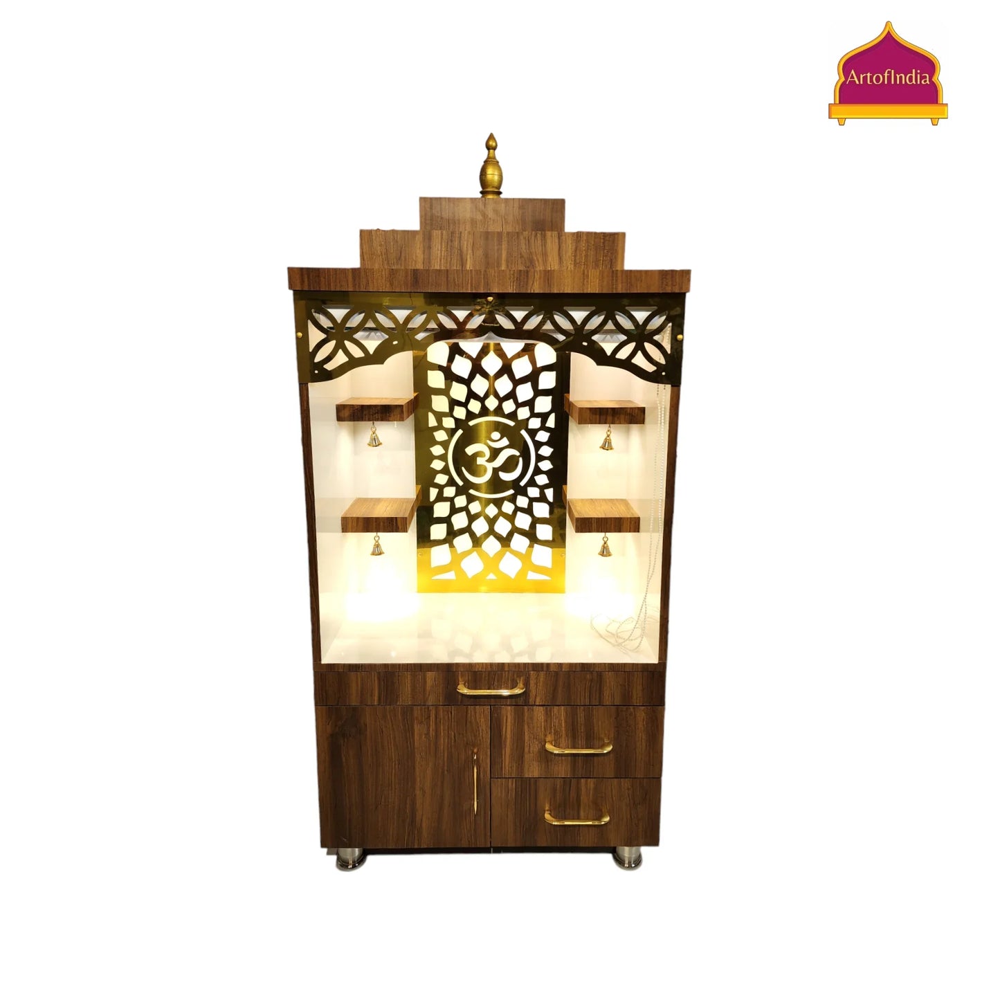ARTOFINDIA Elegant Brown Wooden Mandir (OM) With (Gayantri Mantra) Curtain & Shelfs For Home / Designer Temple