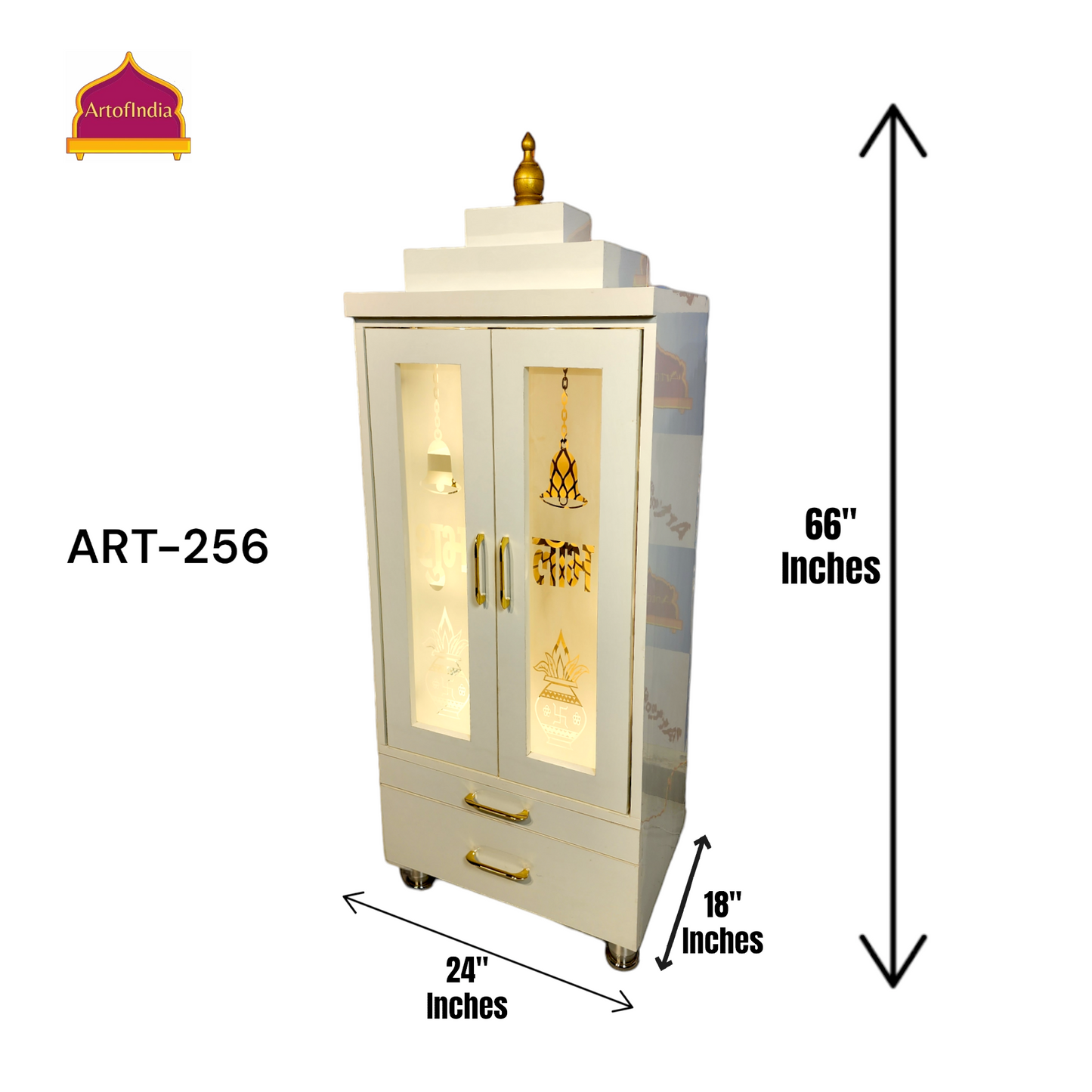 ARTOFINDIA Elegant White Wooden Mandir OM (Backglass) With Pocket Glass Doors (Shubh Labh & Kalas) And Shelfs For Home / Designer Temple