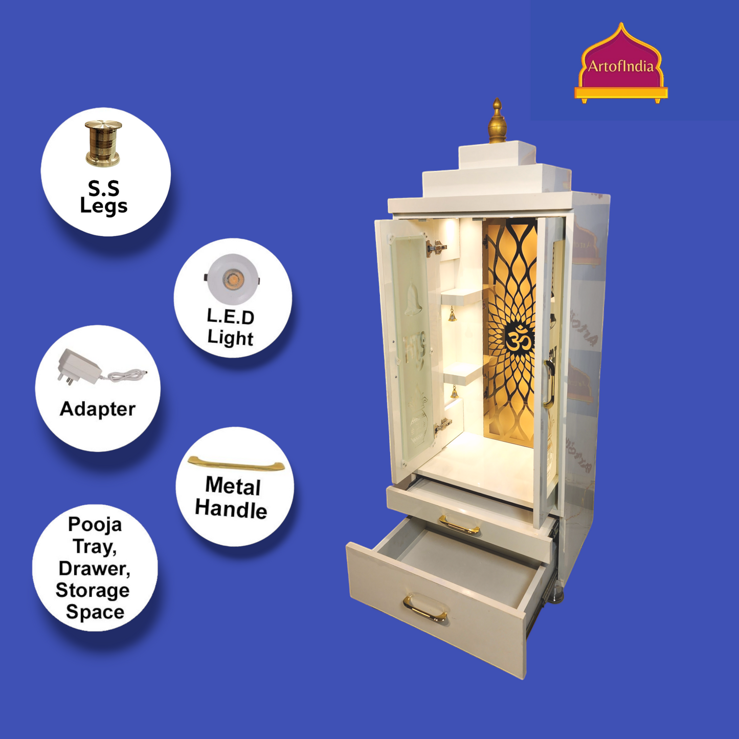 ARTOFINDIA Elegant White Wooden Mandir OM (Backglass) With Pocket Glass Doors (Shubh Labh & Kalas) And Shelfs For Home / Designer Temple