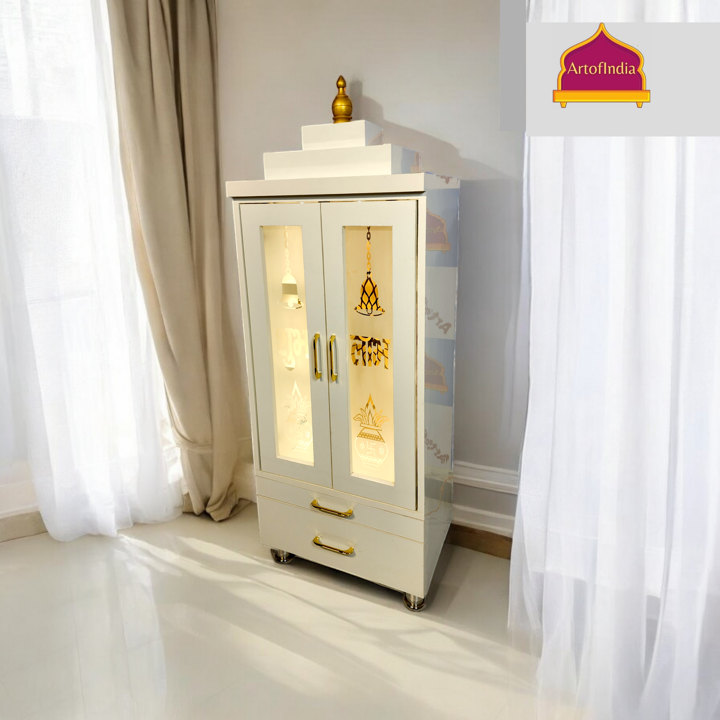 ARTOFINDIA Elegant White Wooden Mandir OM (Backglass) With Pocket Glass Doors (Shubh Labh & Kalas) And Shelfs For Home / Designer Temple