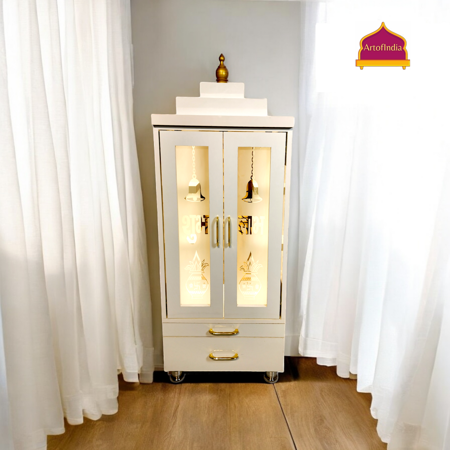 ARTOFINDIA Elegant White Wooden Mandir OM (Backglass) With Pocket Glass Doors (Shubh Labh & Kalas) And Shelfs For Home / Designer Temple