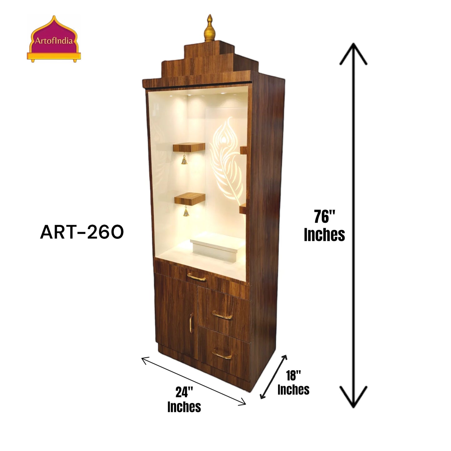 ARTOFINDIA Elegant Brown Wooden Mandir Glassed (Mor Pankh) With Shelfs For Home / Designer Temple