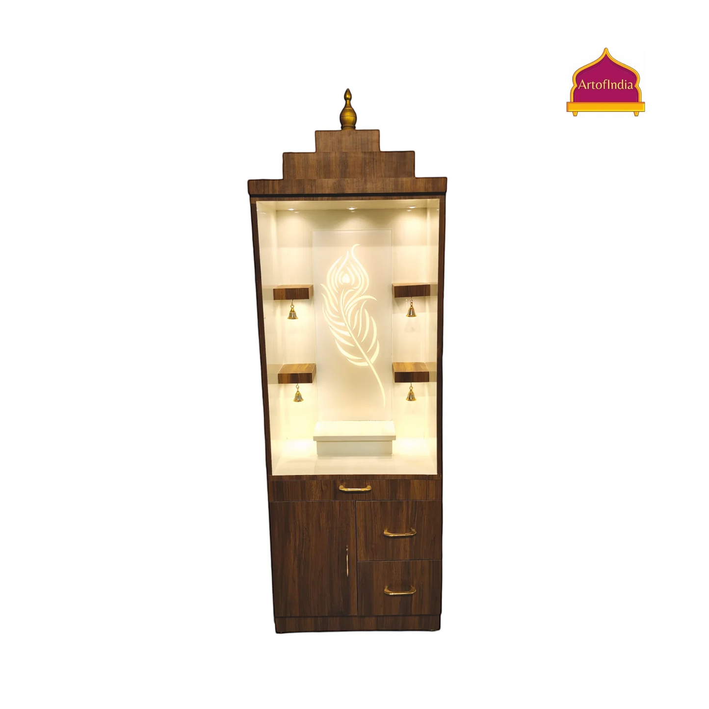 ARTOFINDIA Elegant Brown Wooden Mandir Glassed (Mor Pankh) With Shelfs For Home / Designer Temple