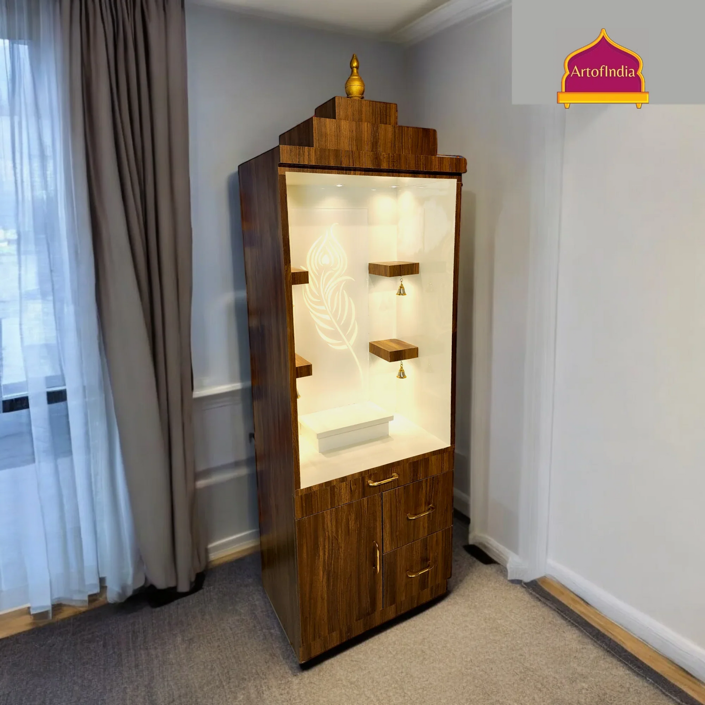 ARTOFINDIA Elegant Brown Wooden Mandir Glassed (Mor Pankh) With Shelfs For Home / Designer Temple