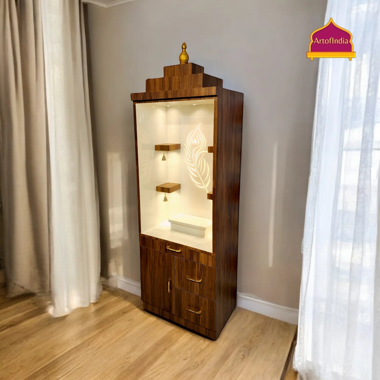 ARTOFINDIA Elegant Brown Wooden Mandir Glassed (Mor Pankh) With Shelfs For Home / Designer Temple