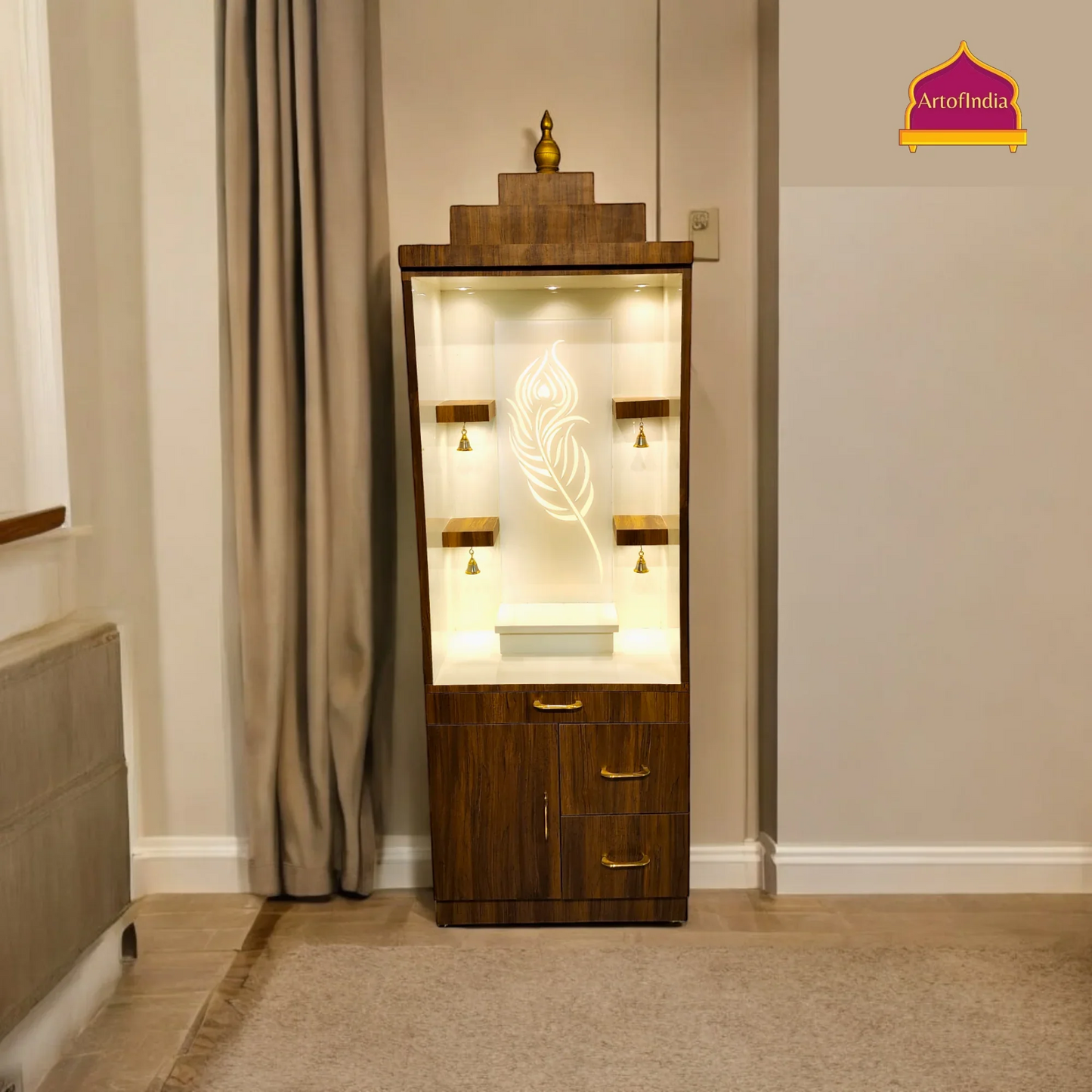 ARTOFINDIA Elegant Brown Wooden Mandir Glassed (Mor Pankh) With Shelfs For Home / Designer Temple