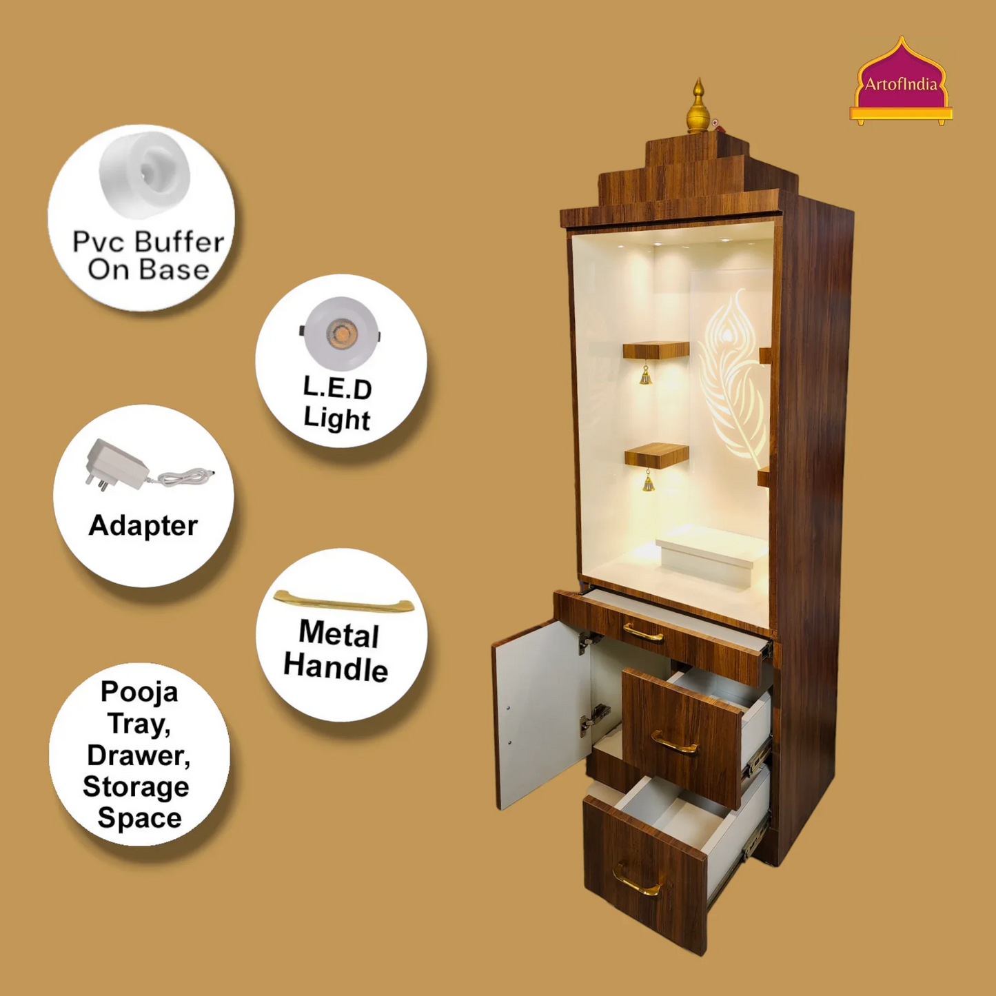 ARTOFINDIA Elegant Brown Wooden Mandir Glassed (Mor Pankh) With Shelfs For Home / Designer Temple