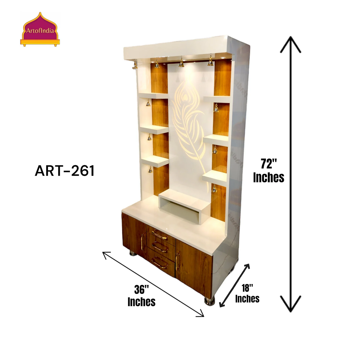 ARTOFINDIA Elegant White & Brown Wooden Mandir Glassed (Mor Pankh) With Shelfs For Home / Designer Temple