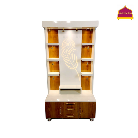 ARTOFINDIA Elegant White & Brown Wooden Mandir Glassed (Mor Pankh) With Shelfs For Home / Designer Temple