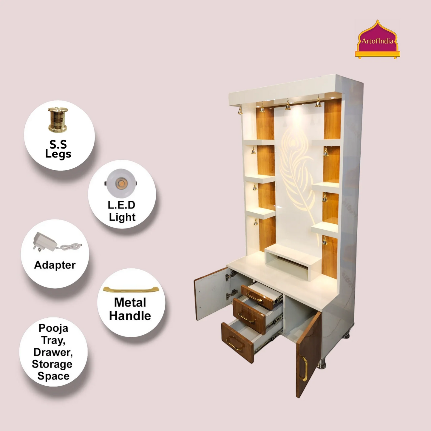 ARTOFINDIA Elegant White & Brown Wooden Mandir Glassed (Mor Pankh) With Shelfs For Home / Designer Temple