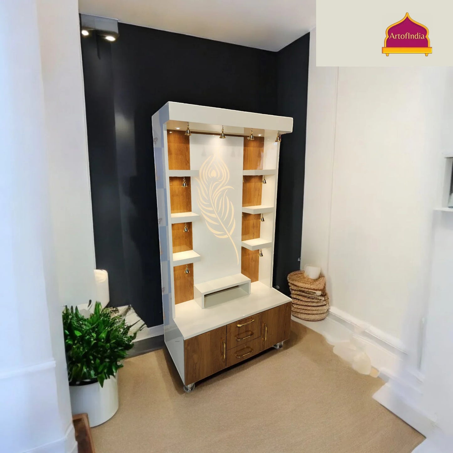 ARTOFINDIA Elegant White & Brown Wooden Mandir Glassed (Mor Pankh) With Shelfs For Home / Designer Temple