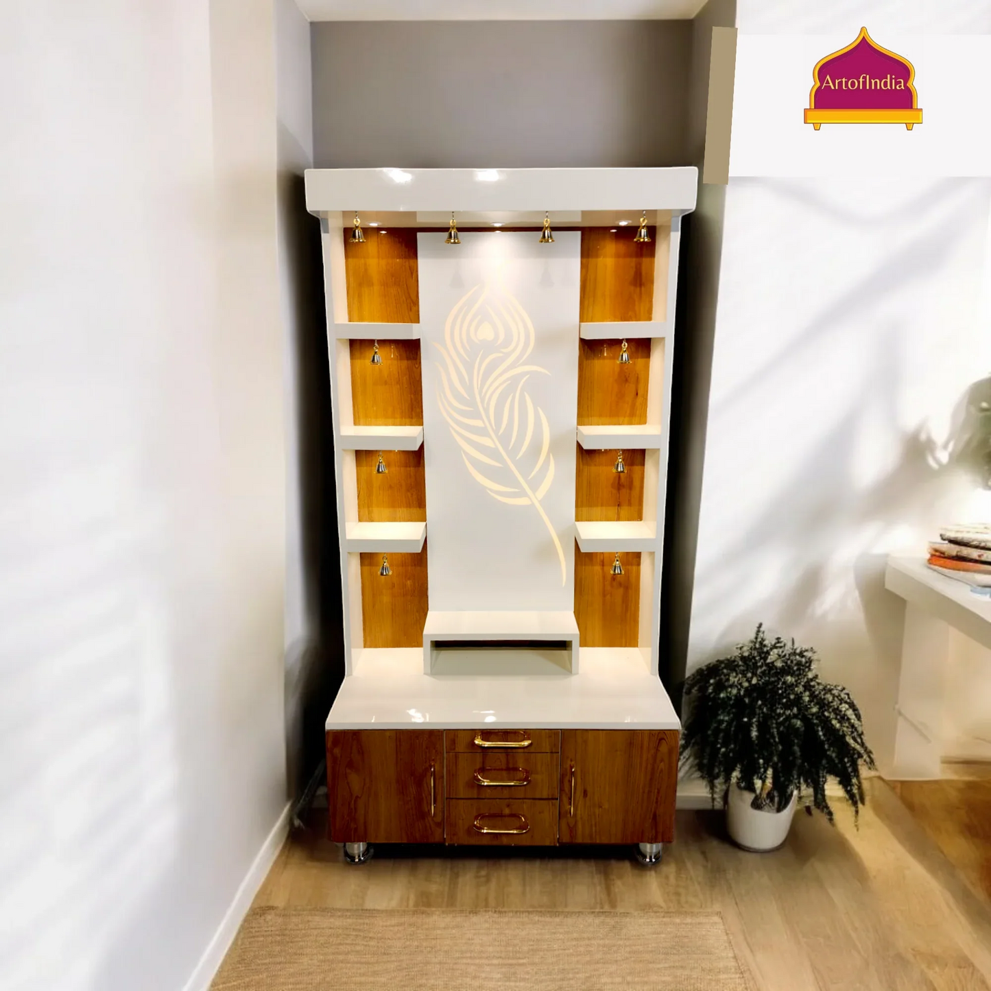 ARTOFINDIA Elegant White & Brown Wooden Mandir Glassed (Mor Pankh) With Shelfs For Home / Designer Temple