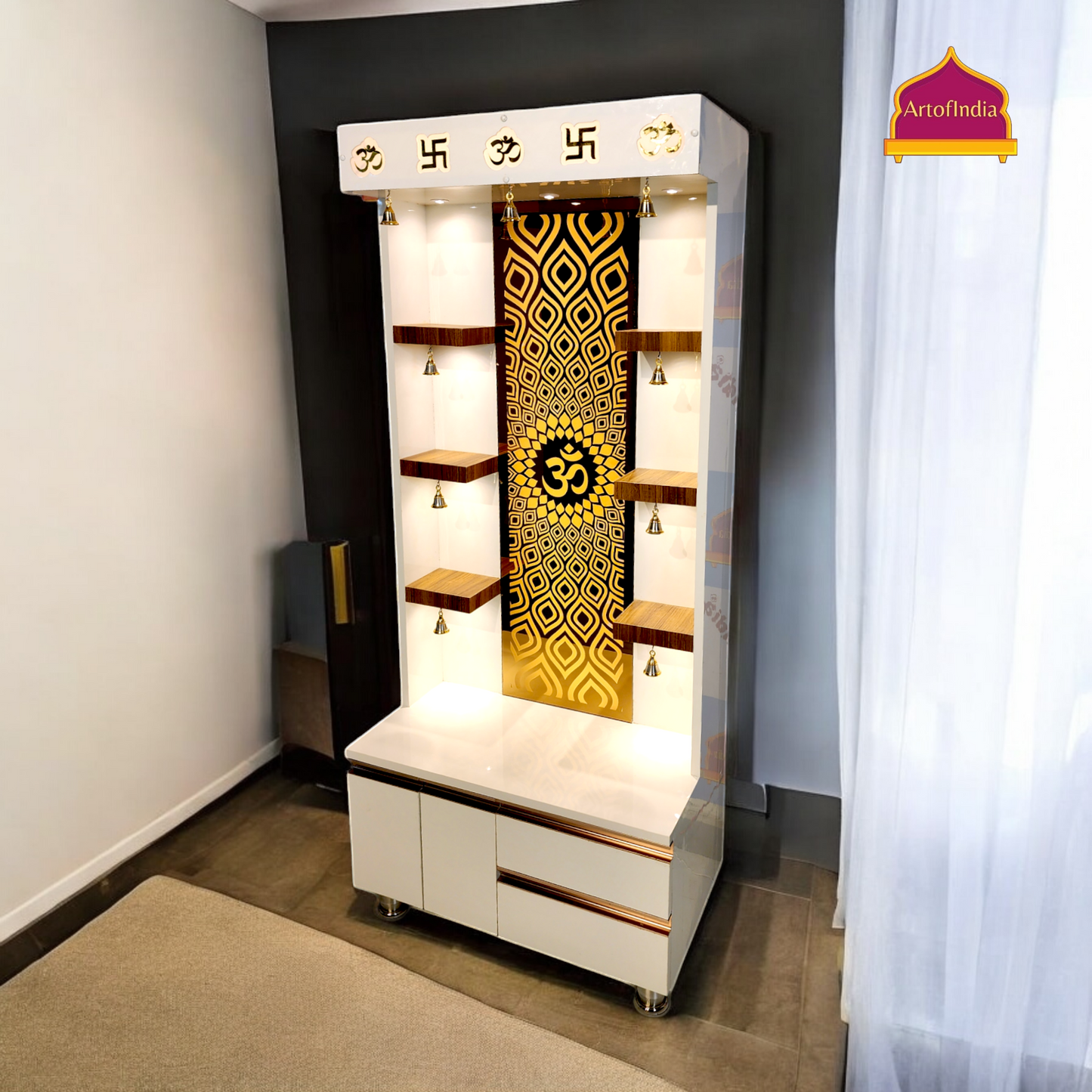 ARTOFINDIA Elegant White Wooden Mandir With (OM) BackGlass & Shelfs For Home / Designer Temple