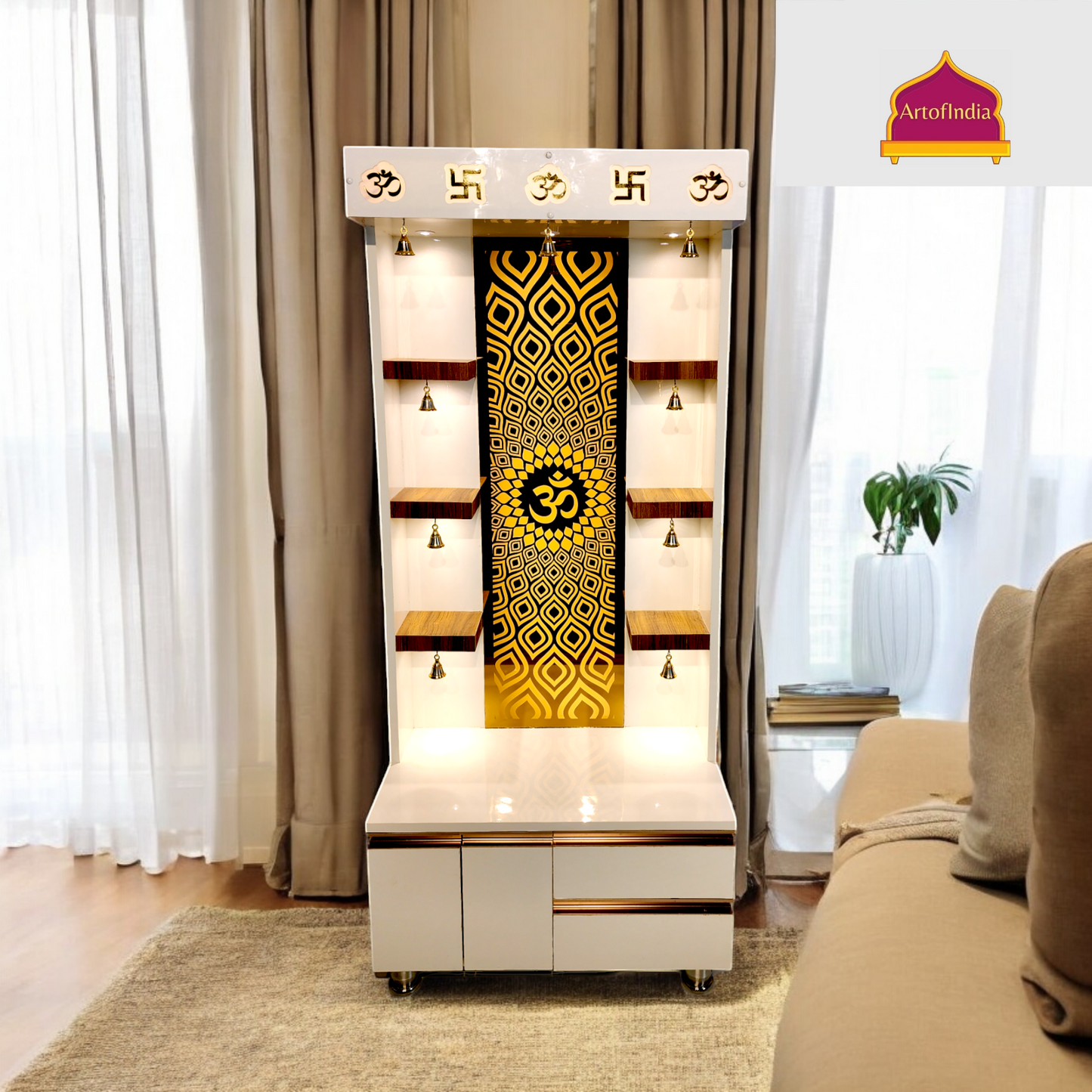 ARTOFINDIA Elegant White Wooden Mandir With (OM) BackGlass & Shelfs For Home / Designer Temple