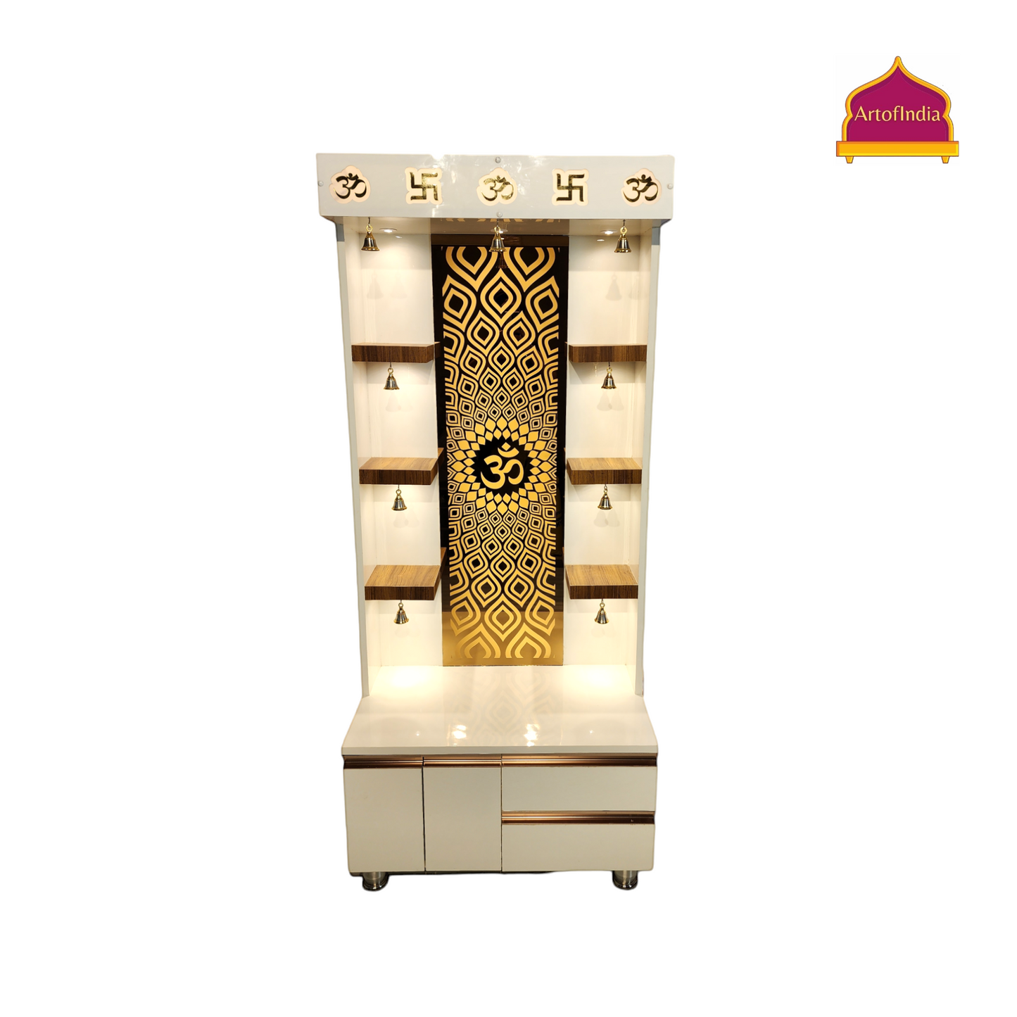 ARTOFINDIA Elegant White Wooden Mandir With (OM) BackGlass & Shelfs For Home / Designer Temple