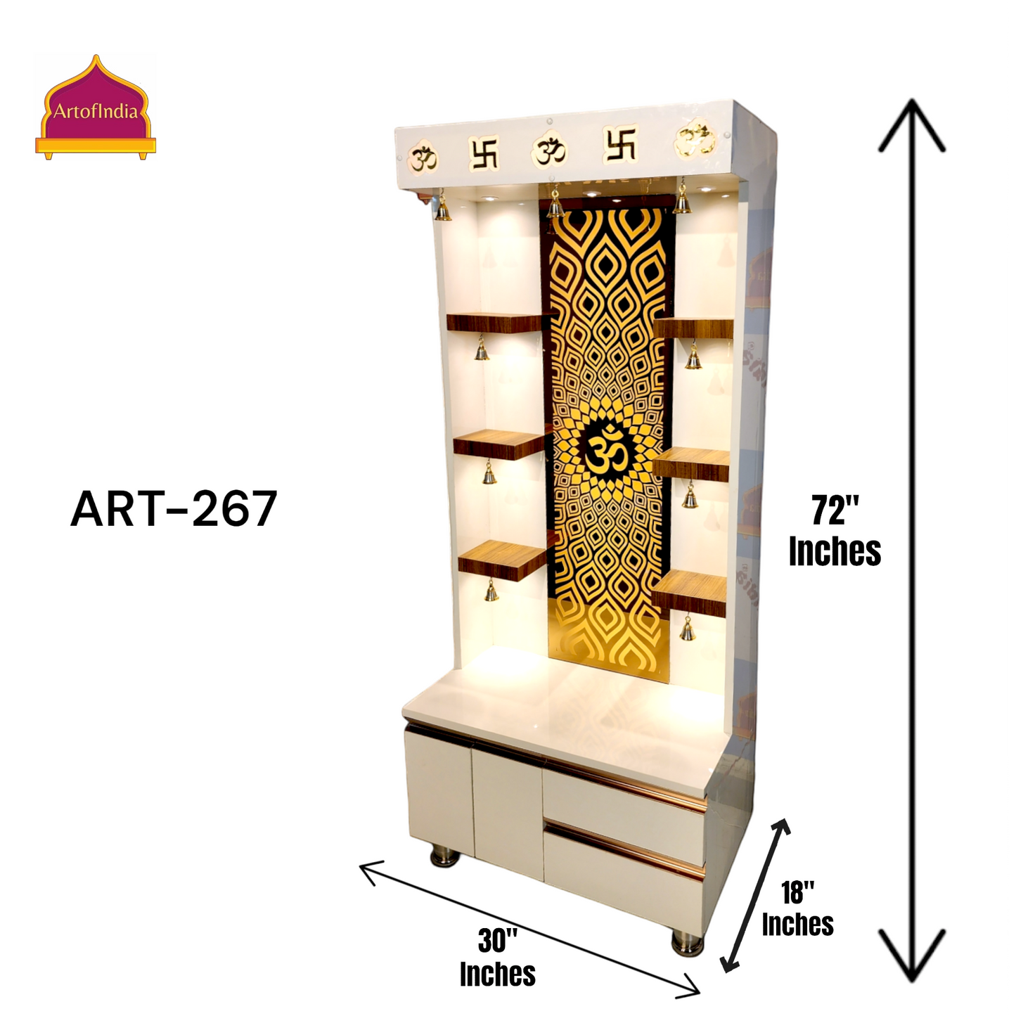 ARTOFINDIA Elegant White Wooden Mandir With (OM) BackGlass & Shelfs For Home / Designer Temple