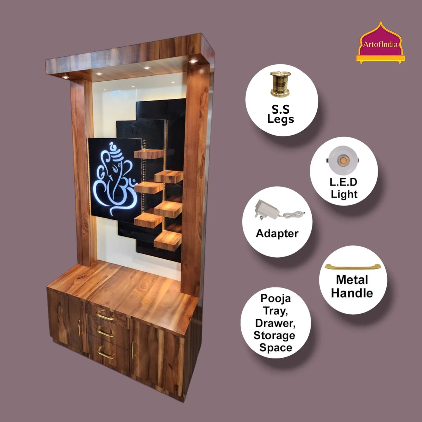 ARTOFINDIA Beautiful Brown Wooden Mandir With (GANESHA) Back Glass & 6 Shelfs For Home / Designer Temple