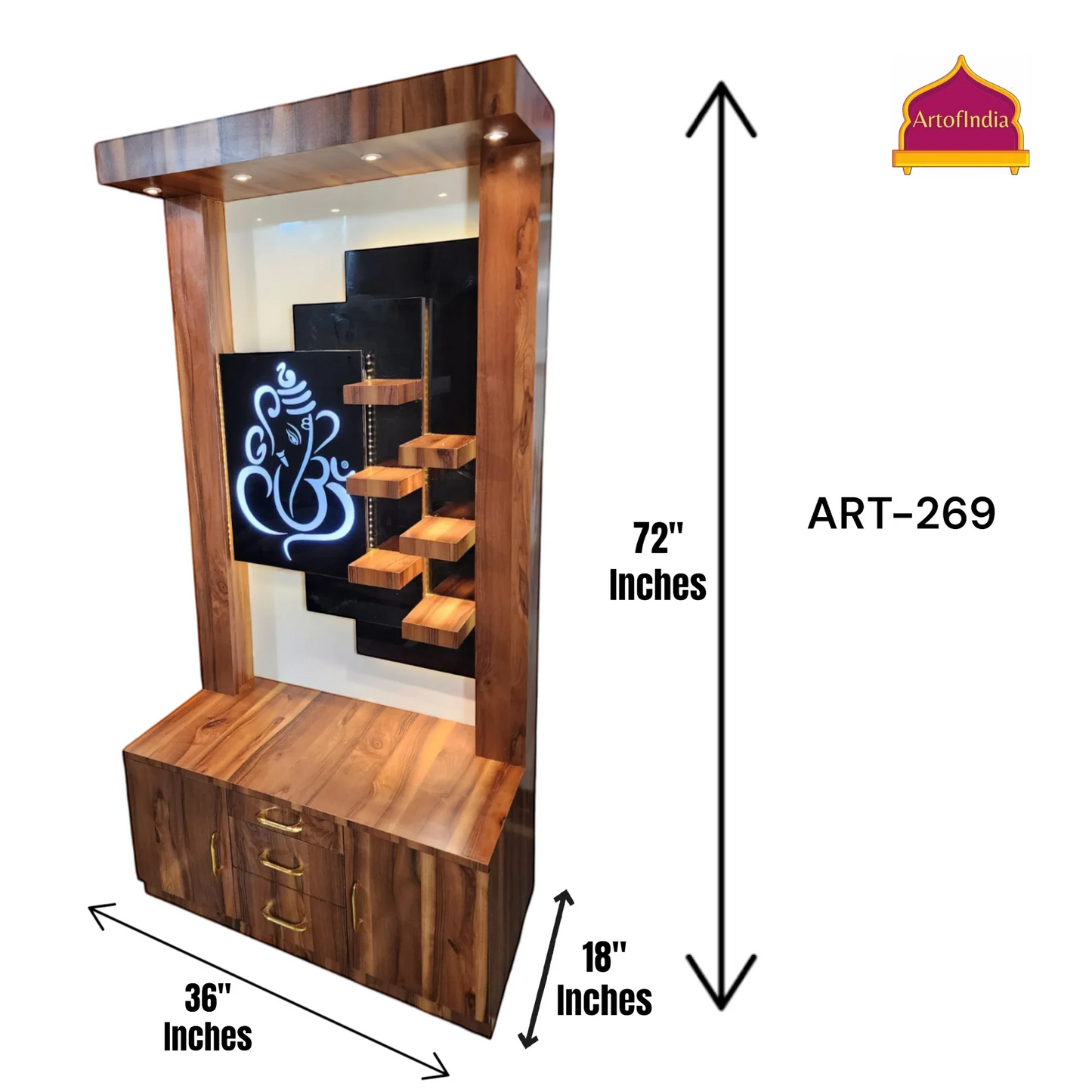 ARTOFINDIA Beautiful Brown Wooden Mandir With (GANESHA) Back Glass & 6 Shelfs For Home / Designer Temple