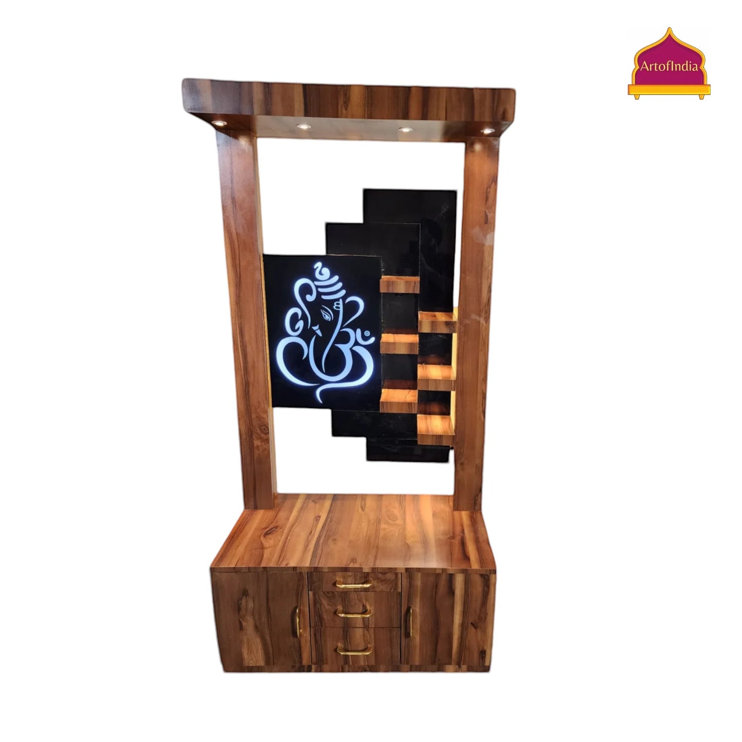 ARTOFINDIA Beautiful Brown Wooden Mandir With (GANESHA) Back Glass & 6 Shelfs For Home / Designer Temple