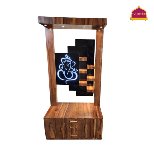 ARTOFINDIA Beautiful Brown Wooden Mandir With (GANESHA) Back Glass & 6 Shelfs For Home / Designer Temple