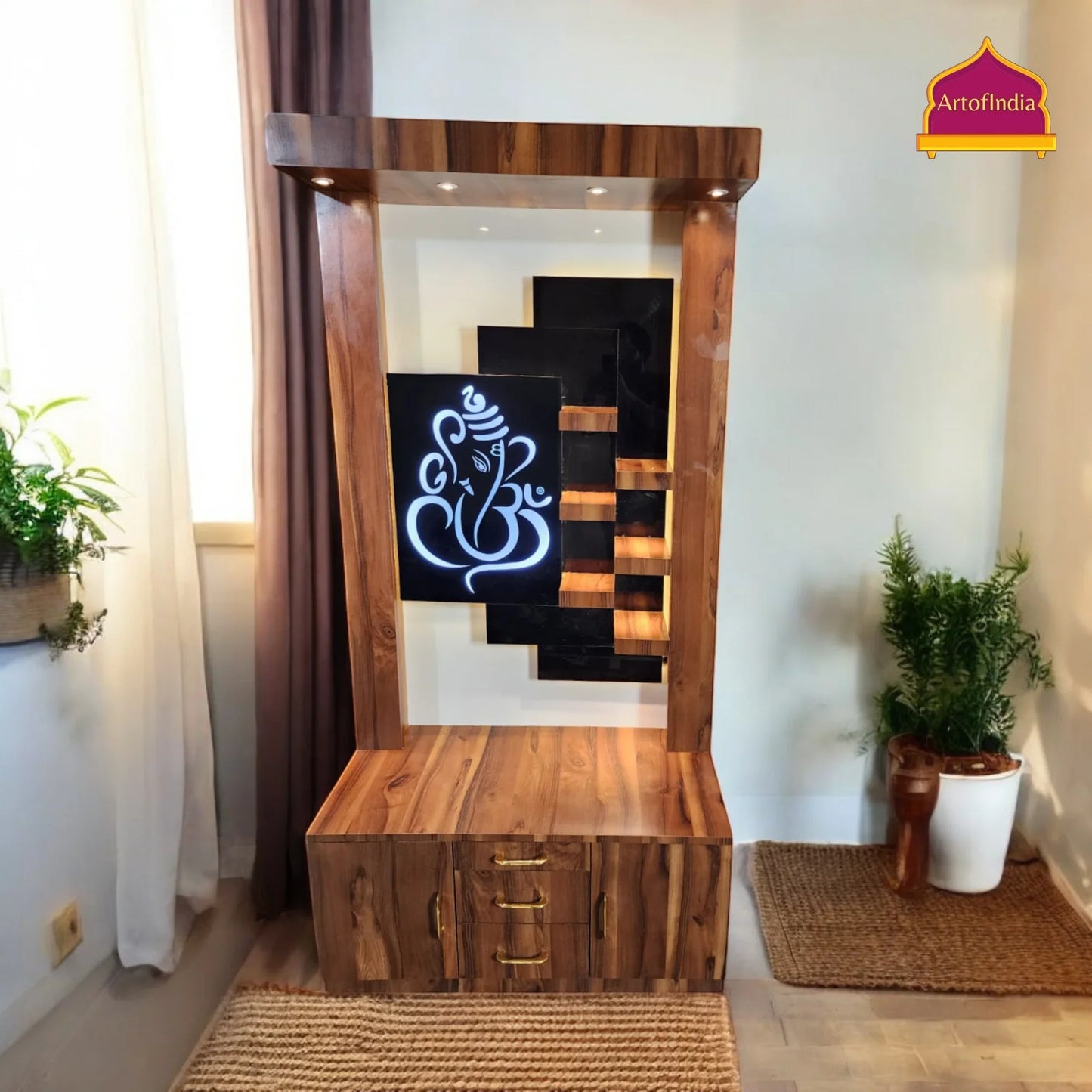 ARTOFINDIA Beautiful Brown Wooden Mandir With (GANESHA) Back Glass & 6 Shelfs For Home / Designer Temple