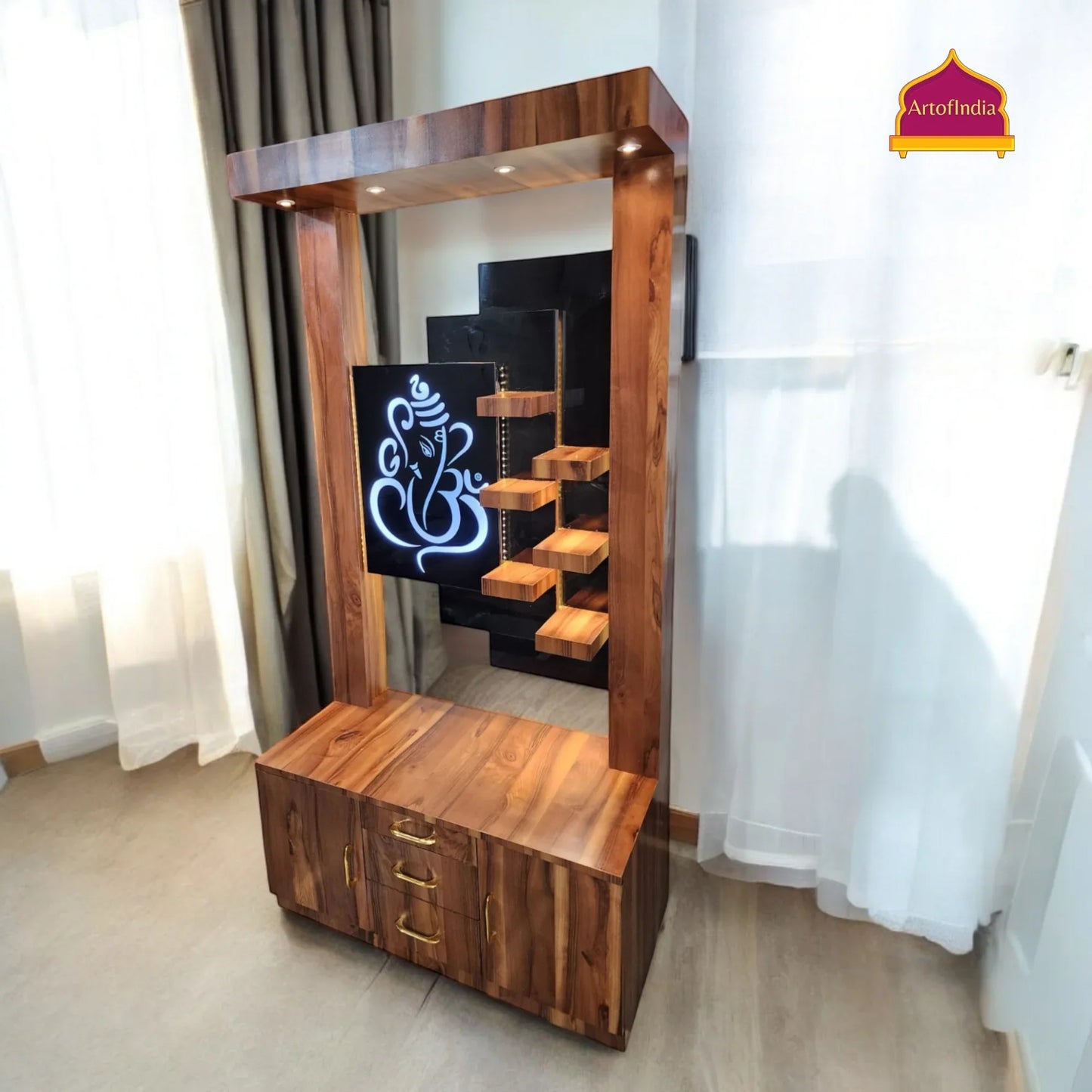 ARTOFINDIA Beautiful Brown Wooden Mandir With (GANESHA) Back Glass & 6 Shelfs For Home / Designer Temple