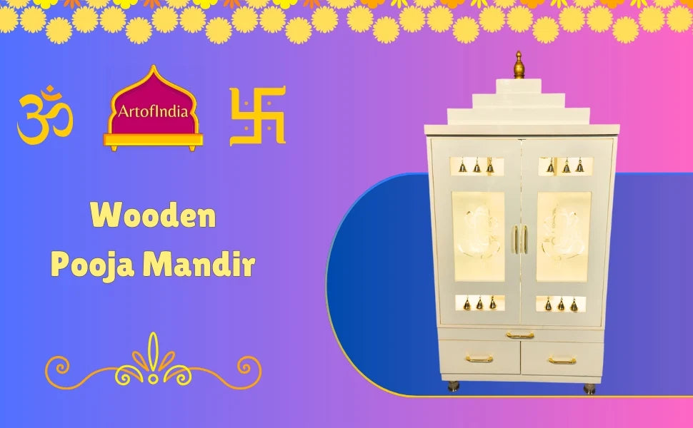 ARTOFINDIA Elegant White Wooden Mandir With Designer Glass Doors, Shelfs & Bells For Home / Designer Temple