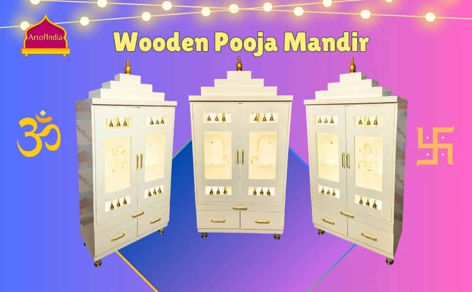 ARTOFINDIA Elegant White Wooden Mandir With Designer Glass Doors, Shelfs & Bells For Home / Designer Temple