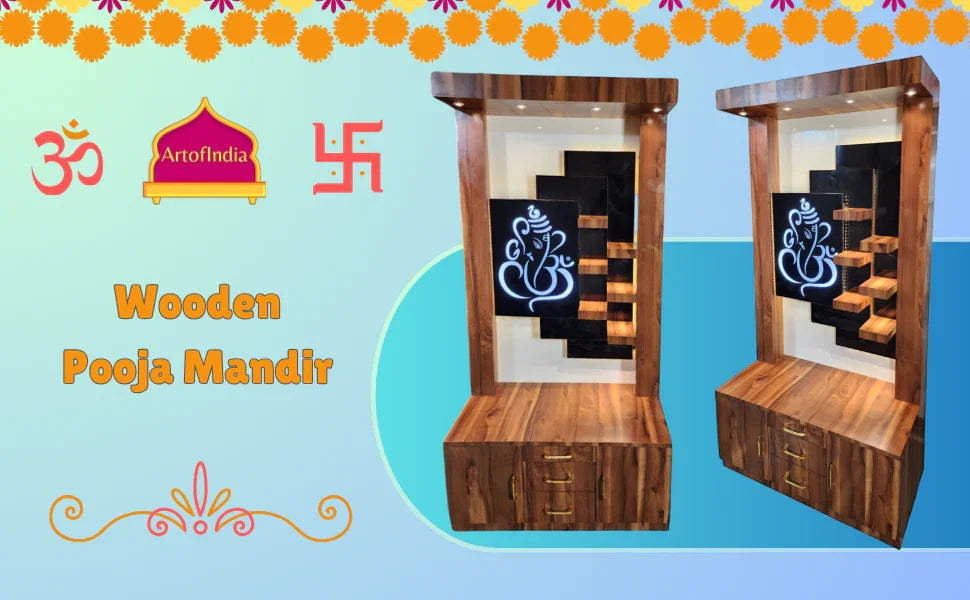 ARTOFINDIA Beautiful Brown Wooden Mandir With (GANESHA) Back Glass & 6 Shelfs For Home / Designer Temple