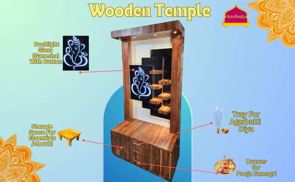 ARTOFINDIA Beautiful Brown Wooden Mandir With (GANESHA) Back Glass & 6 Shelfs For Home / Designer Temple