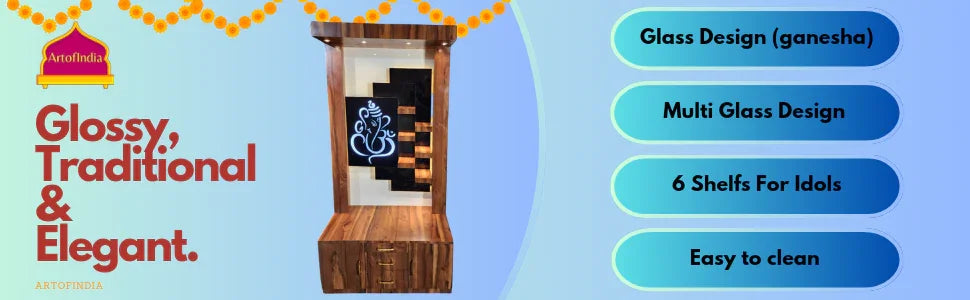 ARTOFINDIA Beautiful Brown Wooden Mandir With (GANESHA) Back Glass & 6 Shelfs For Home / Designer Temple