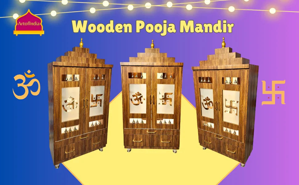 ARTOFINDIA Beautiful Brown Wooden Mandir With Designer Glass Doors, Shelfs & Bells For Home / Designer Temple