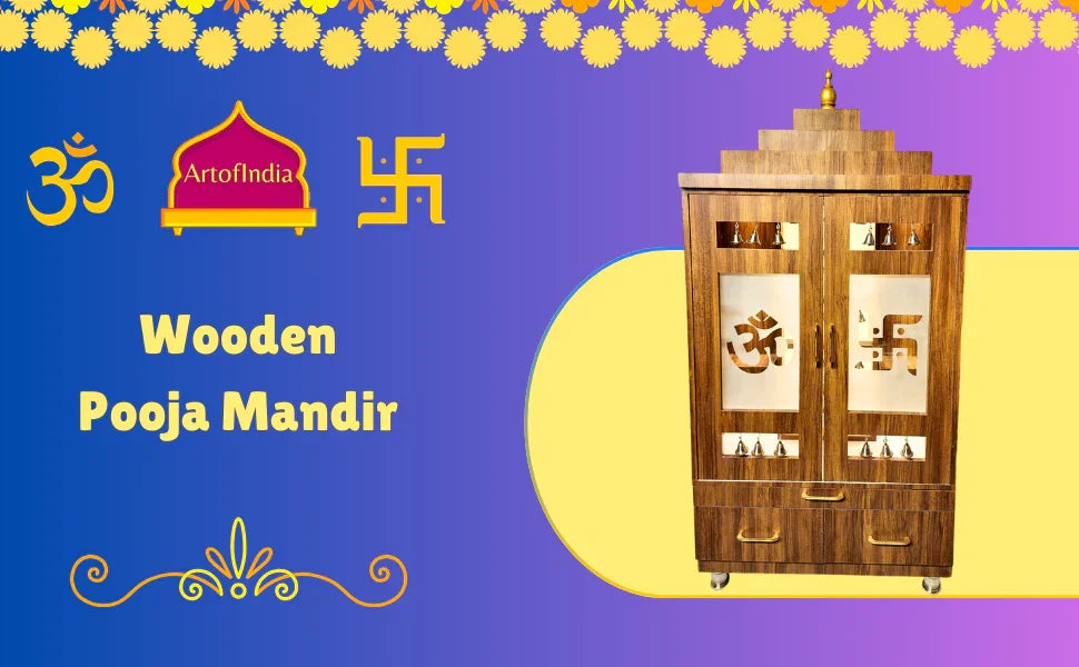 ARTOFINDIA Beautiful Brown Wooden Mandir With Designer Glass Doors, Shelfs & Bells For Home / Designer Temple