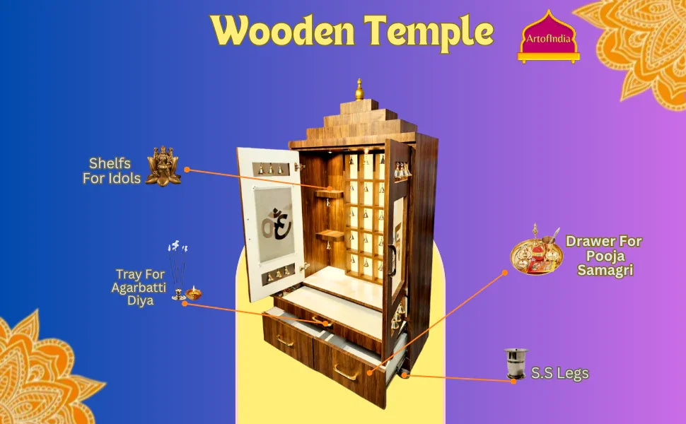 ARTOFINDIA Beautiful Brown Wooden Mandir With Designer Glass Doors, Shelfs & Bells For Home / Designer Temple
