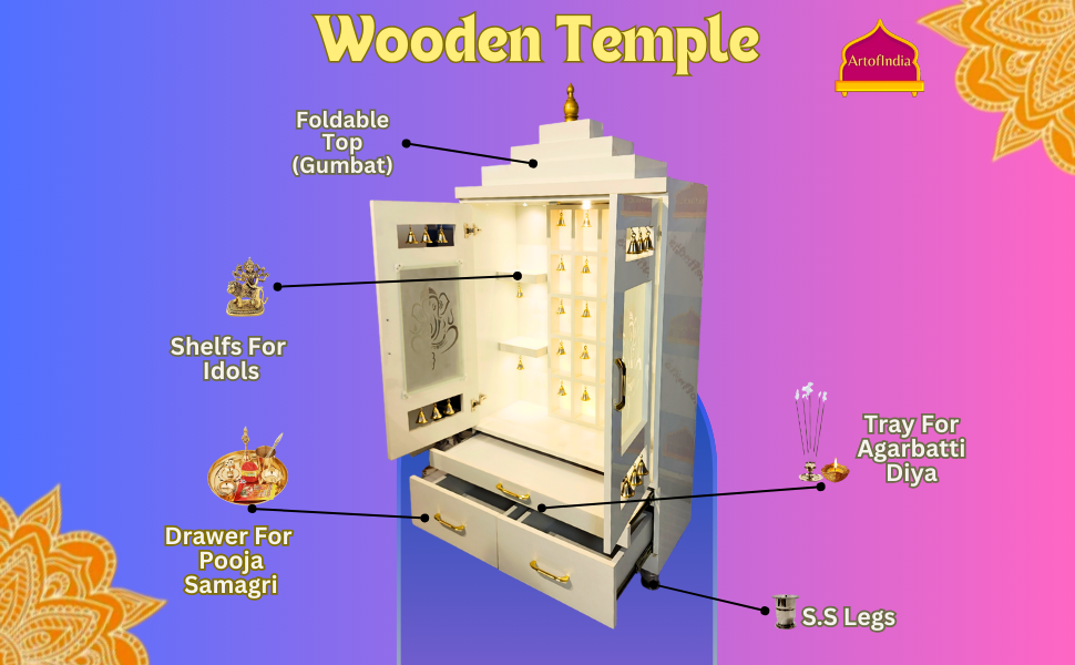 ARTOFINDIA Elegant White Wooden Mandir With Designer Glass Doors, Shelfs & Bells For Home / Designer Temple